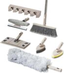 Tower Cavaletto 8 Piece Cleaning & Storage Set with Three Part Handle, Flat Mop Head, Broom Head, Microfibre Duster, Window, Tile, Scrubbing & Wall Holder, Latte