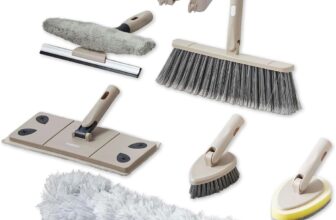 Tower Cavaletto 8 Piece Cleaning & Storage Set with Three Part Handle, Flat Mop Head, Broom Head, Microfibre Duster, Window, Tile, Scrubbing & Wall Holder, Latte