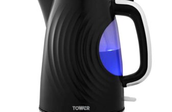 Tower T10083BLK Sonar Textured Kettle with Large Viewing Window & Blue Light, 3000W, 1.7L – Black