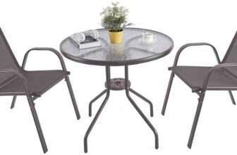 URBNLIVING 3 Piece Garden Bistro Set Round Glass Top Table & 2 Textilene Chairs Outdoor Patio Balcony Furniture Weather Resistant Metal Seating – Brown