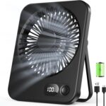 USB Desk Fan – Mini Portable Fan with 5 Speeds, 180 Rotation, 2.75-8H Use, LED Display, Ultra-Slim 3.8cm Small Table Fan Rechargeable, Low Noise, for Travel, Home, Office, Makeup, Black