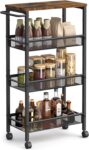 VASAGLE 4-Tier Trolley, Space-Saving Kitchen Cart with Castors, 22 cm Deep, Steel Frame, Handle, Trolley for Small Spaces, Kitchen Bathroom Living Room Studio, Rustic Brown and Black LRC033B01