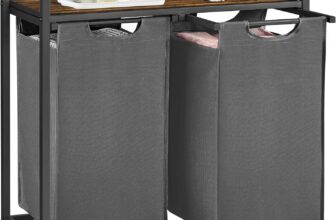 VASAGLE Laundry Basket, 2-Compartment Laundry Hamper, Pull-Out and Removable Liner Bags, Clothes Sorter, Shelf, Metal Frame, 2 x 46 L, 73 x 33 x 72 cm, Slate Grey and Rustic Brown BLH201G01