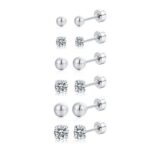 VEEDOFA Sterling Silver Stud Earrings, 6pc Hypoallergenic Set