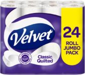 Velvet Classic Quilted Toilet Tissue 24 Rolls – Luxuriously Soft, Strong and Absorbent Toilet Roll – Jumbo Bulk Pack 24 Rolls – 3-ply – White