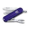 Victorinox Classic SD Mini Swiss Army Knife, Camping Pocket Knives, 7 Functions, Blade, Keyring, Purple Transparent