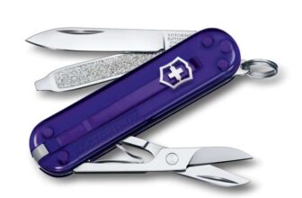 Victorinox Classic SD Mini Swiss Army Knife, Camping Pocket Knives, 7 Functions, Blade, Keyring, Purple Transparent