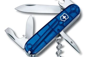 Victorinox Spartan Swiss Army Knife, Camping Pocket Knives, Medium, Multi Tool, 12 Functions, Blade, Bottle Opener, Blue Transparent