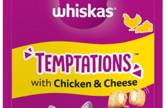 WHISKAS Temptations – Tasty, Crunchy Treats for Adult Cats, Small Bite Size Snacks with a Delicious Chicken and Cheese Filling, 4 x 180 g Packets – Pack May Vary