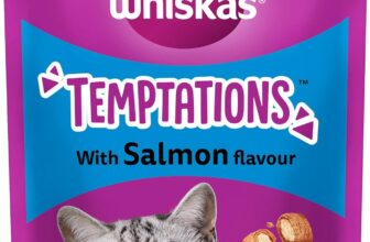 WHISKAS Temptations – Tasty, Crunchy Treats for Adult Cats, Small Bite Size Snacks with a Delicious Salmon Flavour Filling, 4×180 g Packets – Pack May Vary