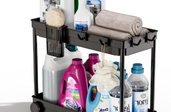 Waretary Under Sink Storage Kitchen Organiser, 2 Tier Slide Out Under Storage Box, Multi-Purpose Sink Cabinet Basket Organiser with 4 Hooks 1 Hanging Cup for Bathroom Kitchen(Black)