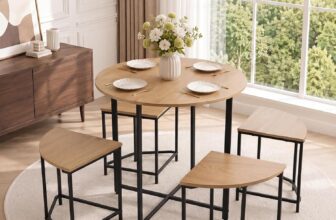 Warmiehomy Space Saving Round Table and Chairs Set 4, Modern Small Wooden Kitchen Dining Table and Chairs Set, 5pcs Dining Room Sets for Small Space, Apartment, Living Room