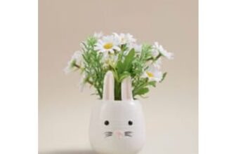 White Bunny Planter with Artificial Daisies