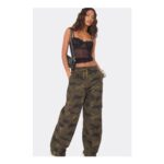 Wide Leg Belted Camoflage mid Rise Belted Waist Trousers