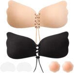 Winged Push Up Sticky Bra for Women, 2 Pack Invisible Adhesive Strapless Backless Bra with Drawstring Lift, Skin-Friendly Silicone Cups, Reusabl Party, Wedding, Everyday