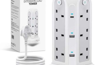 Wolf Power Tower, 18-IN-1 Surge Protected Lead with 2M Extension Cable, 12 Plug Sockets, 2 USB-C & 4 USB-A Ports, 4 Switches