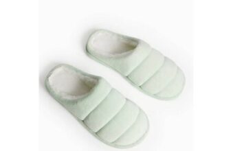 Womens Green Velour Quilted Mule Slippers
