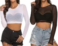 Womens Mesh Crop Tops, 2 Pack Sexy See Through Short Sleeve Vest, Long Sleeve Round Neck Slim Fit Shirt Sheer Blouse T Shirt Casual Basic Crop Tops for Party Clubwear
