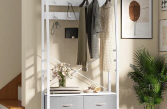 YITAHOME Coat Rack Stand with Shoe Storage, Floorstanding Hall Tree with Bench & 2 Foldable Drawers, Industrial Coat Stands with 8 Hooks for Hallway Living Room Bedroom, Metal Frame, White