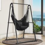 YITAHOME Hammock Chair Stand, Max. load 150 kg, Hammock Stand with Hanging Swing, 85x92x153 cm, Sturdy Steel Frame, Swing Chair with 2 Hooks and 2 Back Cushion for Patio, Balcony and Garden, Black