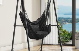YITAHOME Hammock Chair Stand, Max. load 150 kg, Hammock Stand with Hanging Swing, 85x92x153 cm, Sturdy Steel Frame, Swing Chair with 2 Hooks and 2 Back Cushion for Patio, Balcony and Garden, Black