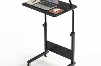 YITAHOME Mobile Computer Desk, Height Adjustable Desk with Wheels, Portable Small Office Desk with Storage Shelf, Over Bed Table, Standing desk, Black