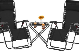 Yaheetech 3PCS Zero Gravity Recliner Portable Foldable Outdoor Sunlounger Table Set w/Pillow & Carry Strap for Patio Deck Garden Pool Black