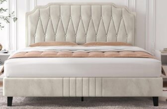Yaheetech 4ft6 Double Bed Frame Upholstered Platform Bed with Adjustable Button Tufted Headboard/Velvet Fabric/Sturdy Wooden Slat Support/No Box Spring Needed, Beige Double Bed