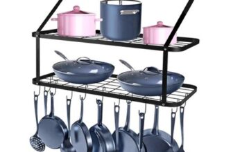 Ybaymy Wall-Mounted Pan Hanger Rack 75cm 2-Tier Kitchen Black