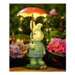 Yeomoo Solar Blue Bunny Ornament Holding Umbrella with String Lights