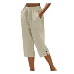 Yinguo Womens Cropped Trousers Lightweight Cotton Linen Beige Elasticated Waist