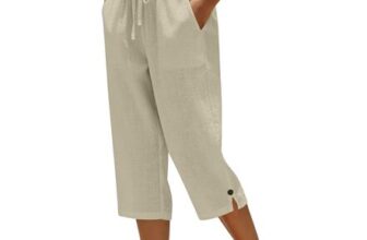 Yinguo Womens Cropped Trousers Lightweight Cotton Linen Beige Elasticated Waist