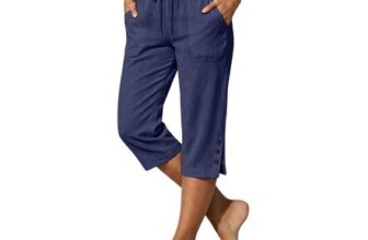 Yinguo Womens Summer Linen-Look Capri Trousers, Dark Blue