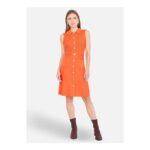 Yumi Orange Rib Knitted Skater Dress with Buckle Detail
