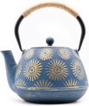 Zen Minded Traditional Japanese Cast Iron Tetsubin Stovetop Teakettle Teapot with Rope-handle & Stainless-steel Loose-leaf Filter for Green Tea & Infusions – 1.2L Chrysanthemum Pattern – Purple & Gold