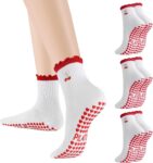 Zuimei 3 Pairs Pilates Socks Non Slip Women Cute Ruffle Yoga Socks with Grips Embroidery Pattern Ladies Grippy Crew Sock for Yoga Barre Workout
