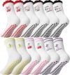 Zuimei 6 Pairs Non Slip Yoga Socks for Women Men Grip Pilates Socks with Silicone Dots Ruffled Sock with Heart Stripes Fruits for Ballet Sports Trampoline