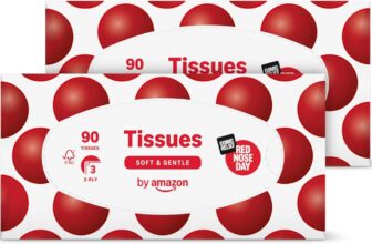 by Amazon Red Nose Day Facial Tissues, 3-ply 90 Sheets, Twin Pack (2 Pack), Lotioned tissues on Behalf of Comic Relief