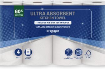 by Amazon Ultra Absorbent TAD Kitchen Roll, 4 Rolls (Pack of 1), 51 Sheets per Roll, FSC Certified