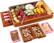 hecef Cheese Board and Knife Set with Acacia Wood Serving Platter, Snack Trays, Charcuterie Board for Entertaining, Housewarming Gift & Wine Nights, Pink