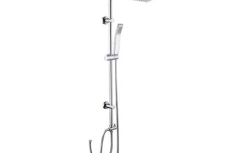 iBathUK Elevex Modern 2 Way Shower Riser Rail Kit, Stainless Steel Fixed Square Head, Brass Diverter & Flexible Hose