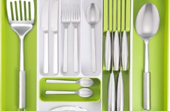nuovva Cutlery Drawer Organiser Adjustable Utensil Tray for Drawers Expandable Cutlery Set Holder Compact Drawer Divider for Knives, Forks and Spoons White & Lime Green