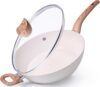 nuovva Non Stick Saute Pan Induction Hob Saucepan with Lid Kitchen Pan Cookware 28cm Cream Granite Chefs Pan Frying Pan with Lid