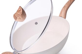 nuovva Non Stick Saute Pan Induction Hob Saucepan with Lid Kitchen Pan Cookware 28cm Cream Granite Chefs Pan Frying Pan with Lid