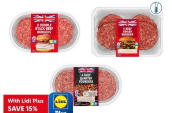 15% off British Beef Burgers ( 4 Smash Burgers 340G – £2.45 / 8 Double Stack Burgers 454G – £3.39 / Lidl Plus App )