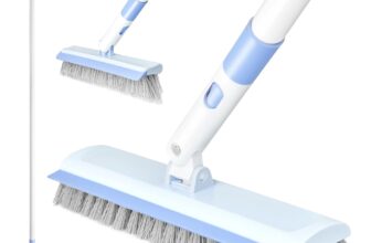 2 In 1 Floor Scrub Brush with Squeegee Edge, Bathroom Floor Cleaning Scrubber With 180 Adjustable Long Handle,Scrubber And Squeegee For Cleaning Garage,Tile, Hardwood,Pool,Patio