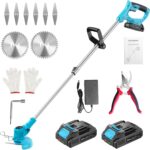 21V Cordless Strimmer, Electric Grass Trimmer and Brush Cutter with 2 x 2.0Ah Batteries, 6 Metal Blades, 2 Saw Blades, Adjustable Telescopic Shaft and Pruning Shears for Garden & Lawn, Blue