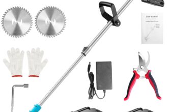 21V Cordless Strimmer, Electric Grass Trimmer and Brush Cutter with 2 x 2.0Ah Batteries, 6 Metal Blades, 2 Saw Blades, Adjustable Telescopic Shaft and Pruning Shears for Garden & Lawn, Blue