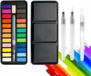 24 Colors Watercolour Paint Set,Portable Watercolour Paint Set with 3 Water Brush Pens,Mini Travel Art Kit for Adults & Beginners,Artist Gifts,Art Supplies for Women,Watercolours Painting Set