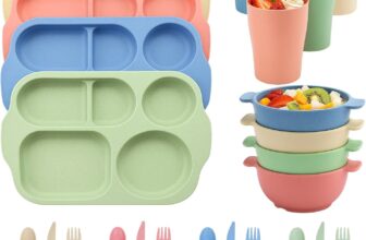 24-Piece Unbreakable Dinnerware Set for 4 Divided Plates, Bowls, Cups & Cutlery, Stackable Reusable Tableware with Non-Slip Base for Kids & Adults, Portable for Home (Vibrant Colors)